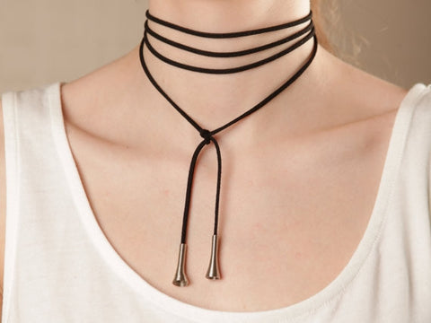 Black Suede Leather Cord Choker w/ Silver Cone Tips